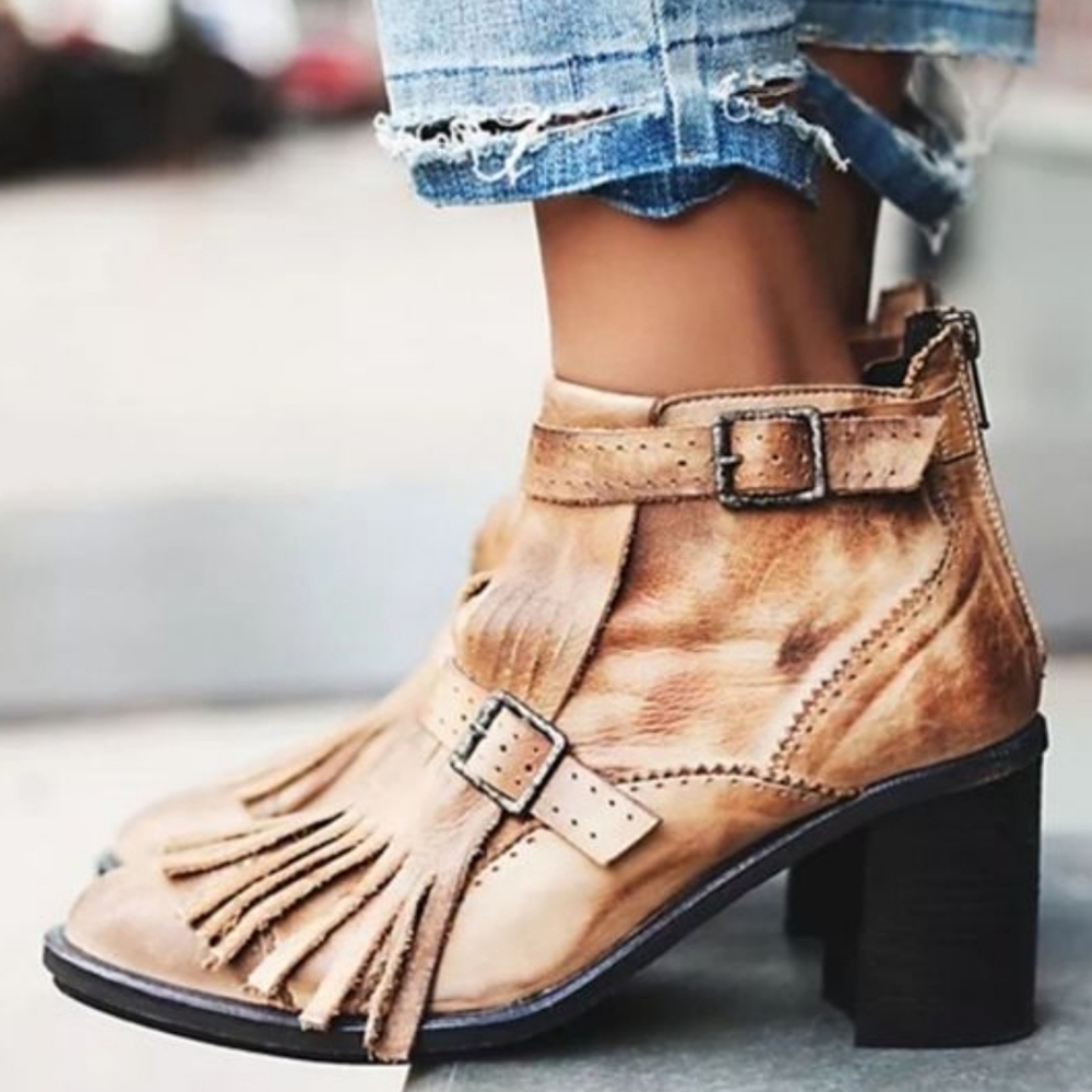 Free People Tan Ankle Boots with Fringe